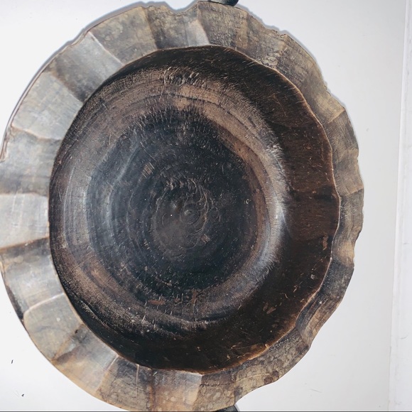 Solid Wood Carved Basket w/ Twisted Iron Handle - Picture 3 of 8